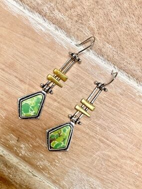 Green Stone Drop Earrings - Mixed Metal Dangle